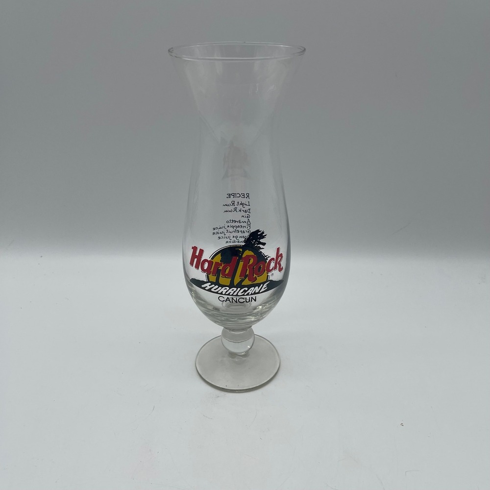 Hard Rock Cafe Cancun Hurricane Glass Souvenir Barware Drink Recipe Logo Clear